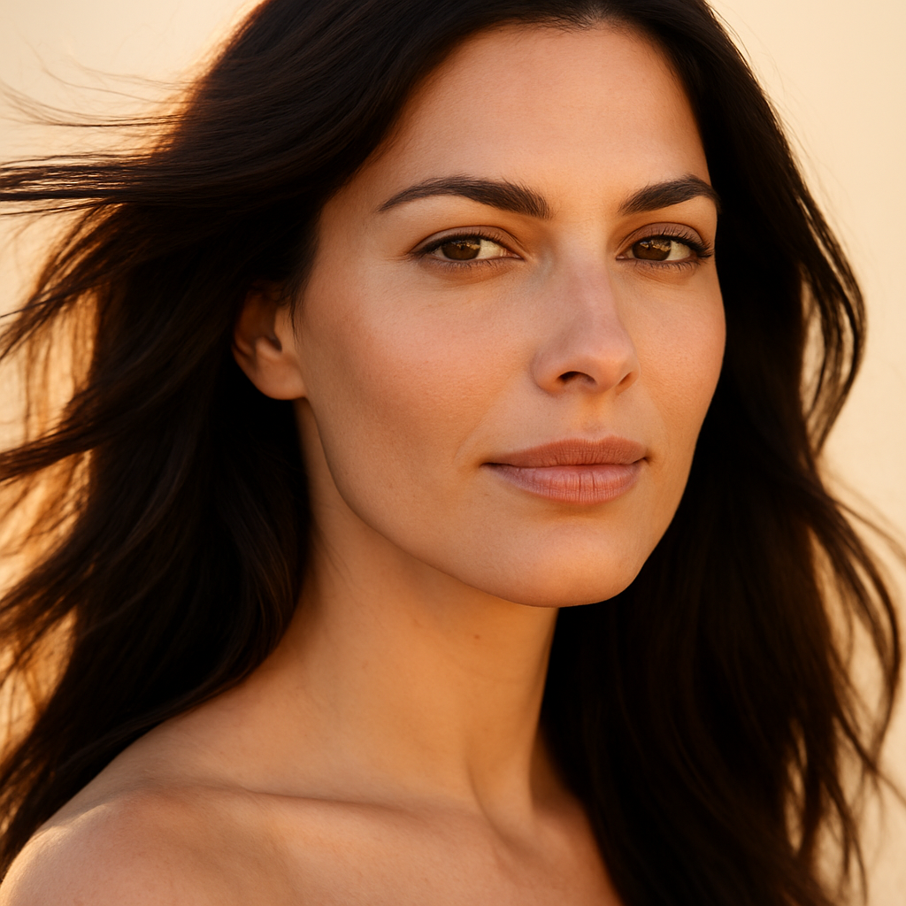 A woman with thick, healthy hair in golden light