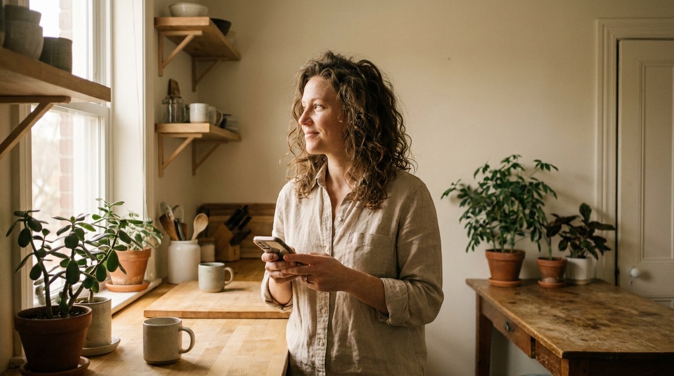 A woman checking her phone in a sunlit kitchen